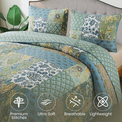 NEWLAKE Cotton Patchwork Bedspread, 3-Piece Bedding Quilt Set with Real Stitched Embroidery