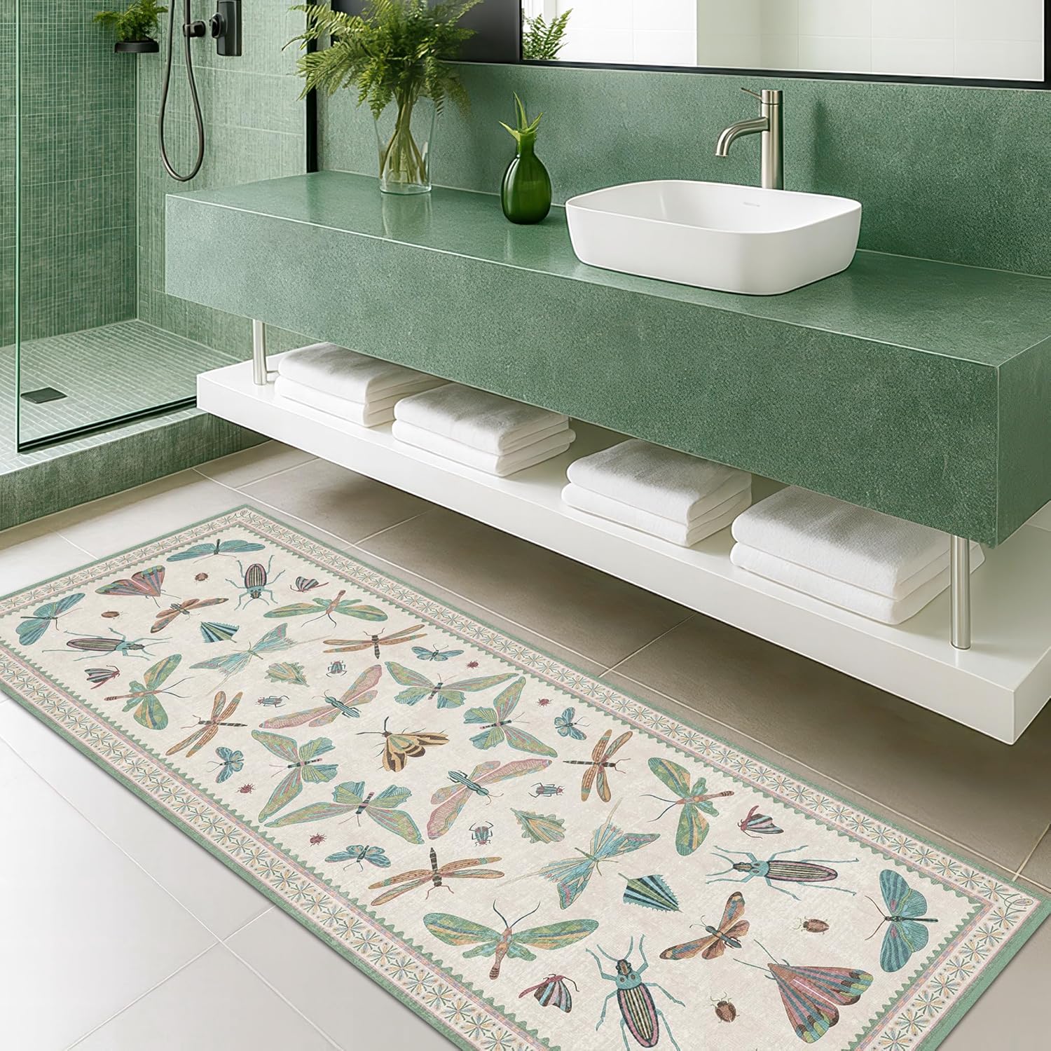 Boho Bathroom Runners - 2x6 Blue and Green Rug for Kitchen, Entry Way, Non Slip Washable Butterfly