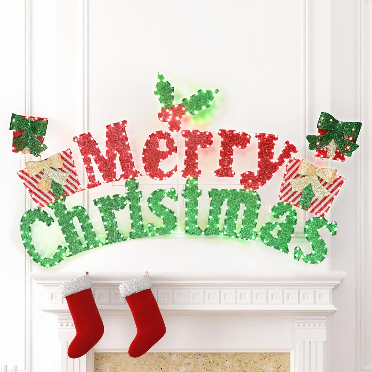 6FT Merry Christmas Sign for Decoration, 2-in-1 Pre-Lit Holiday Greeting Sign Decor with 456 LED