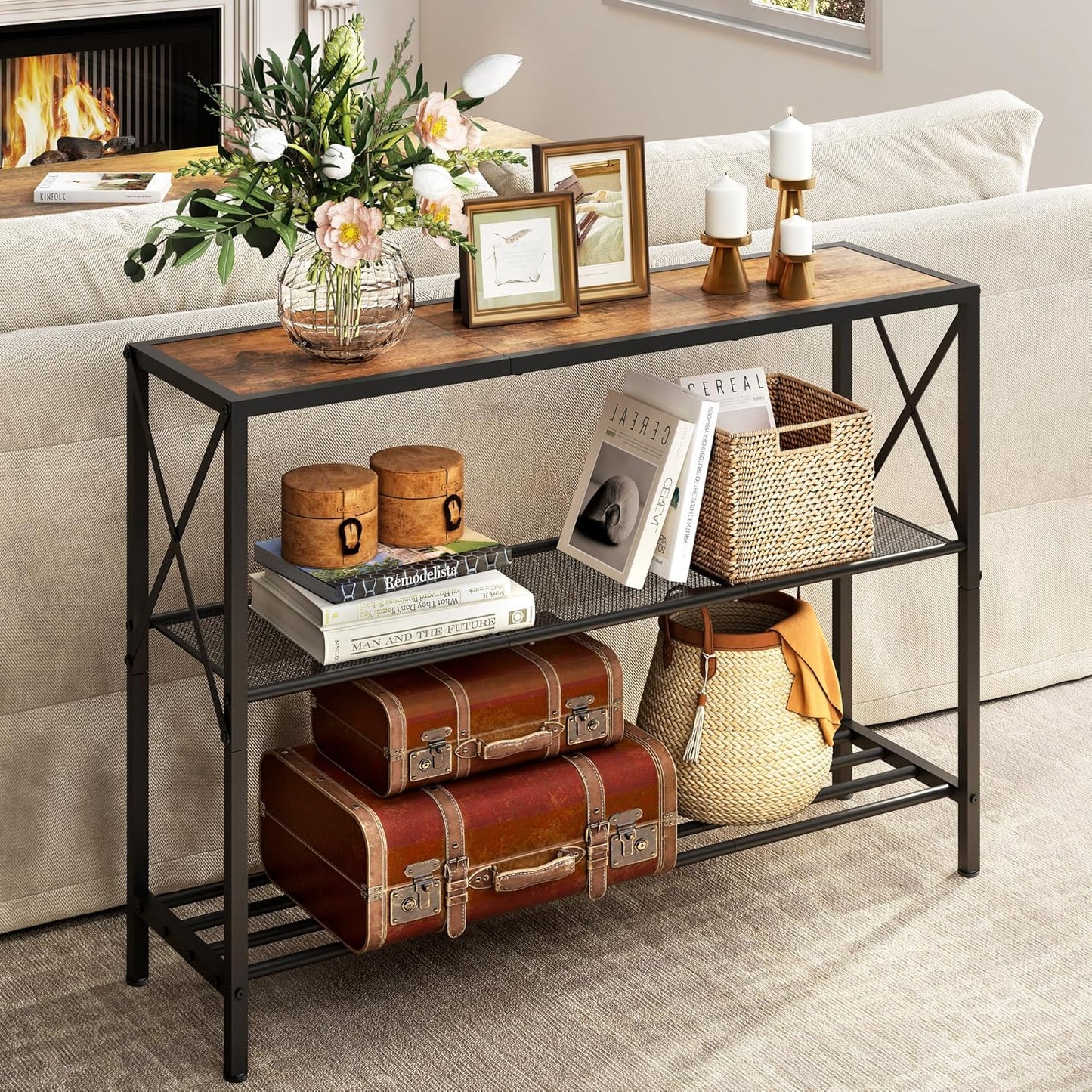 Hoctieon Industrial Console Table, 3 Tier Entryway Table, Hallway Table, Narrow Sofa Table with