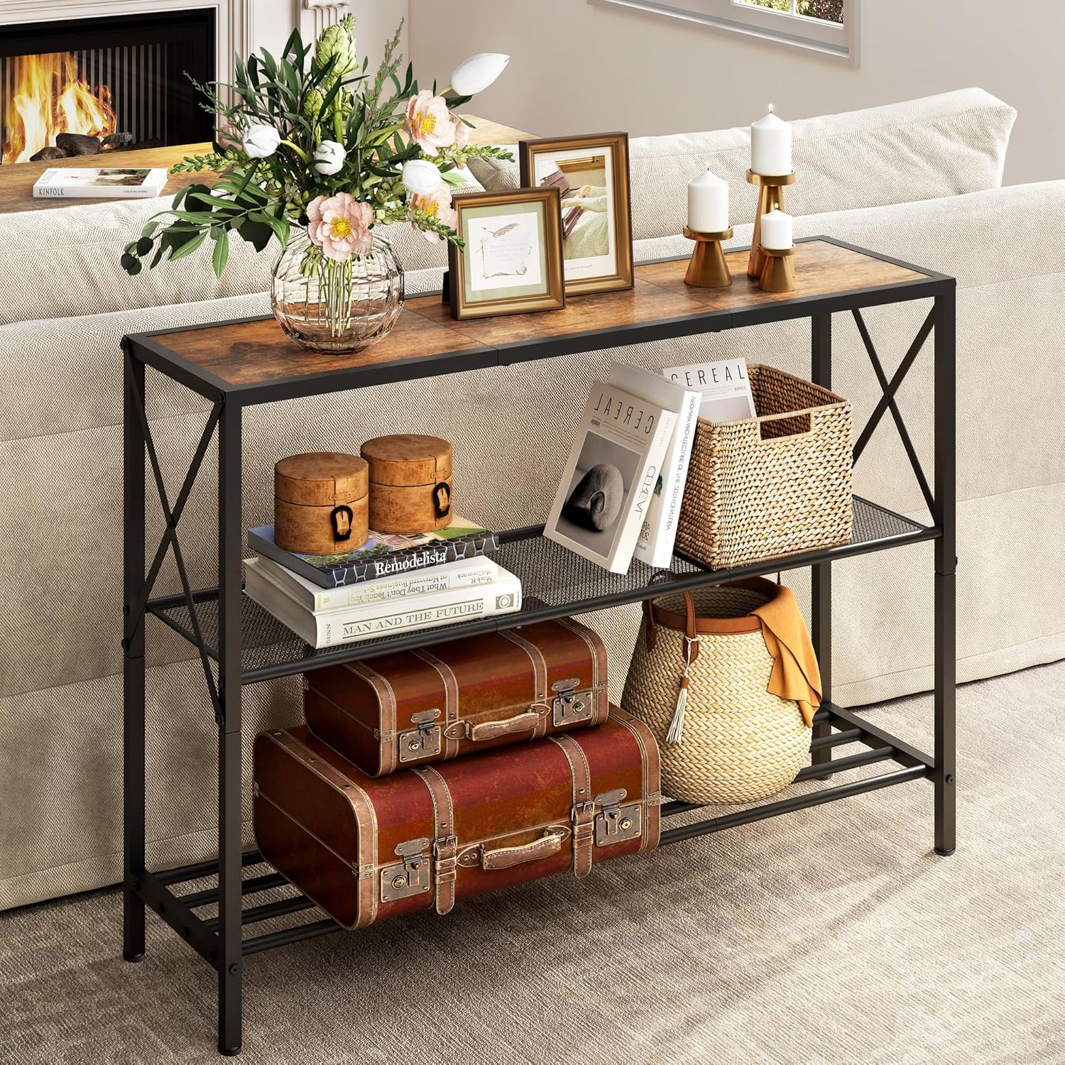 Hoctieon Industrial Console Table, 3 Tier Entryway Table, Hallway Table, Narrow Sofa Table with