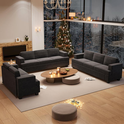 Sofa, 3 Piece Set Comfy Sofa, Loveseat & 2 3-Seater Couch with Deep Seats for Living Room, Modern