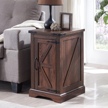JXQTLINGMU Nightstand with Charging Station, Rectangular Farmhouse End Table with Barn Door and