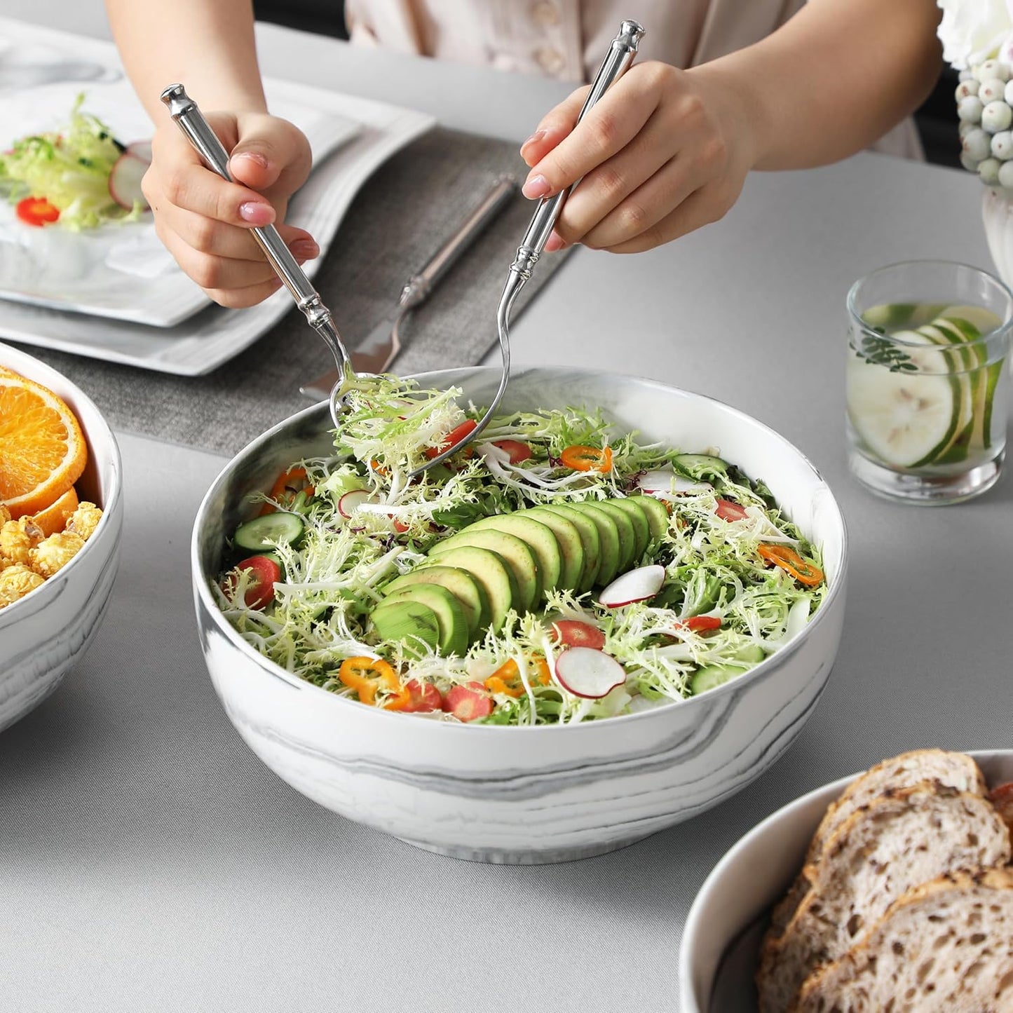 MALACASA Salad Bowls, 114 OZ(10") Extra Large Serving Bowls Set of 2, Porcelain Marble Grey Bowls