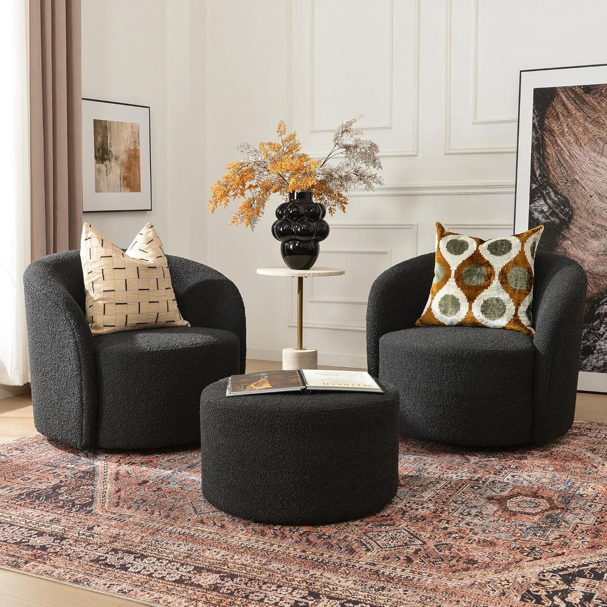 KINWELL 34" W Swivel Barrel Chair Set of 2, Mid Century Modern Round Upholstered Boucle Swivel
