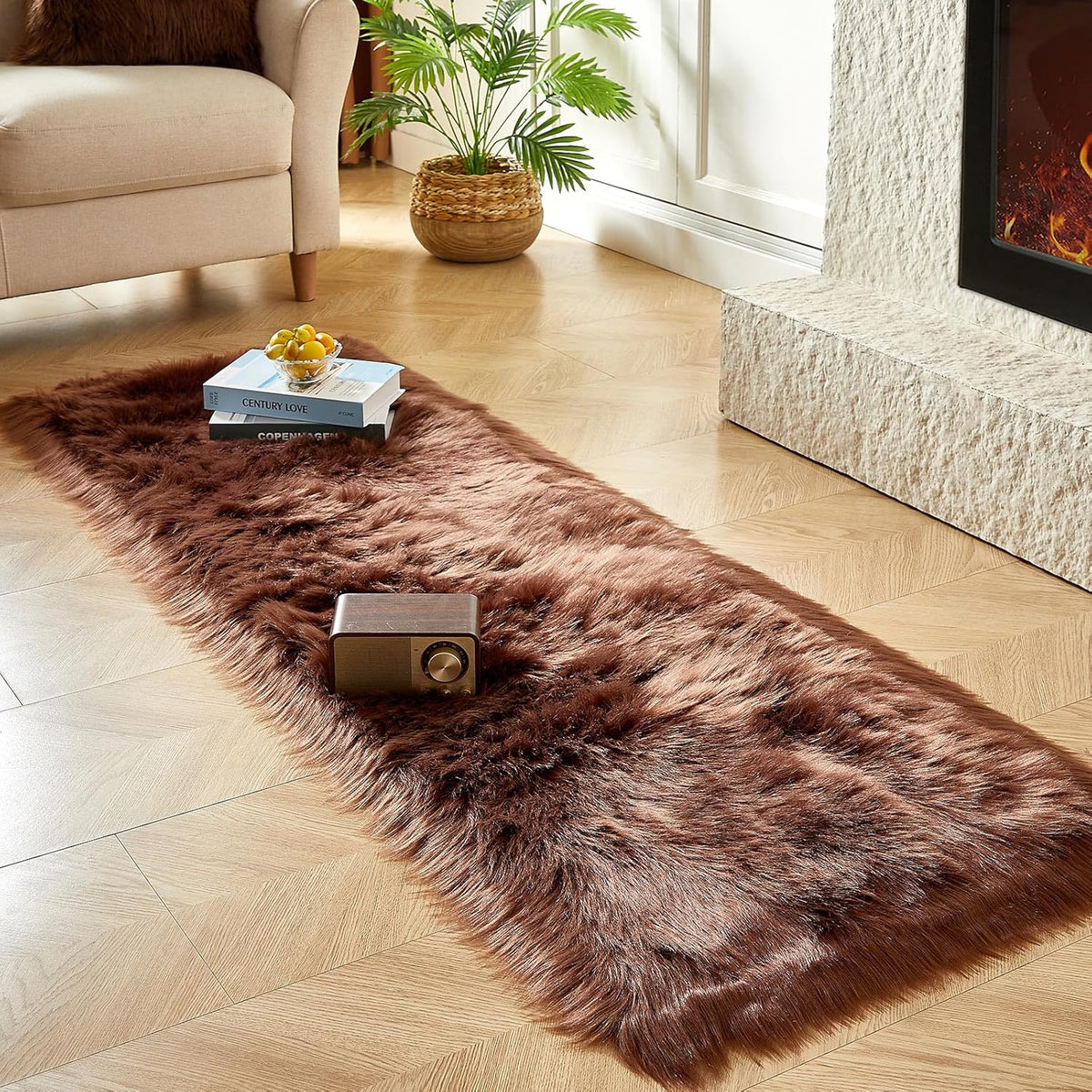 AMTOVO Faux Fur Rug, Coffee Ultra Soft Fluffy Shag Sheepskin Rug, 2 x 6 ft Runner Area Rugs for