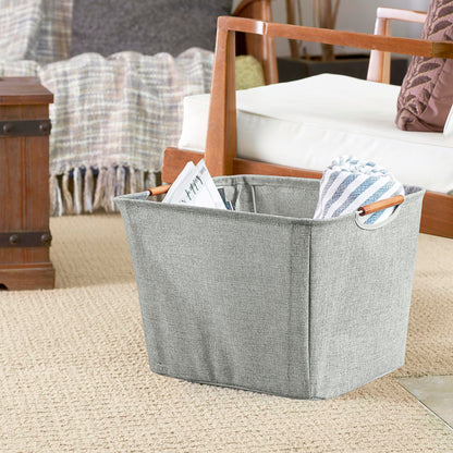 Household Essentials Medium Tapered Soft‑Side Storage Bin with Wood Handles, Gray