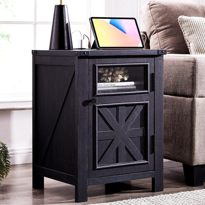 JXQTLINGMU Farmhouse End Table with Charging Station, 18'' Rustic Nightstand with Barn Door &
