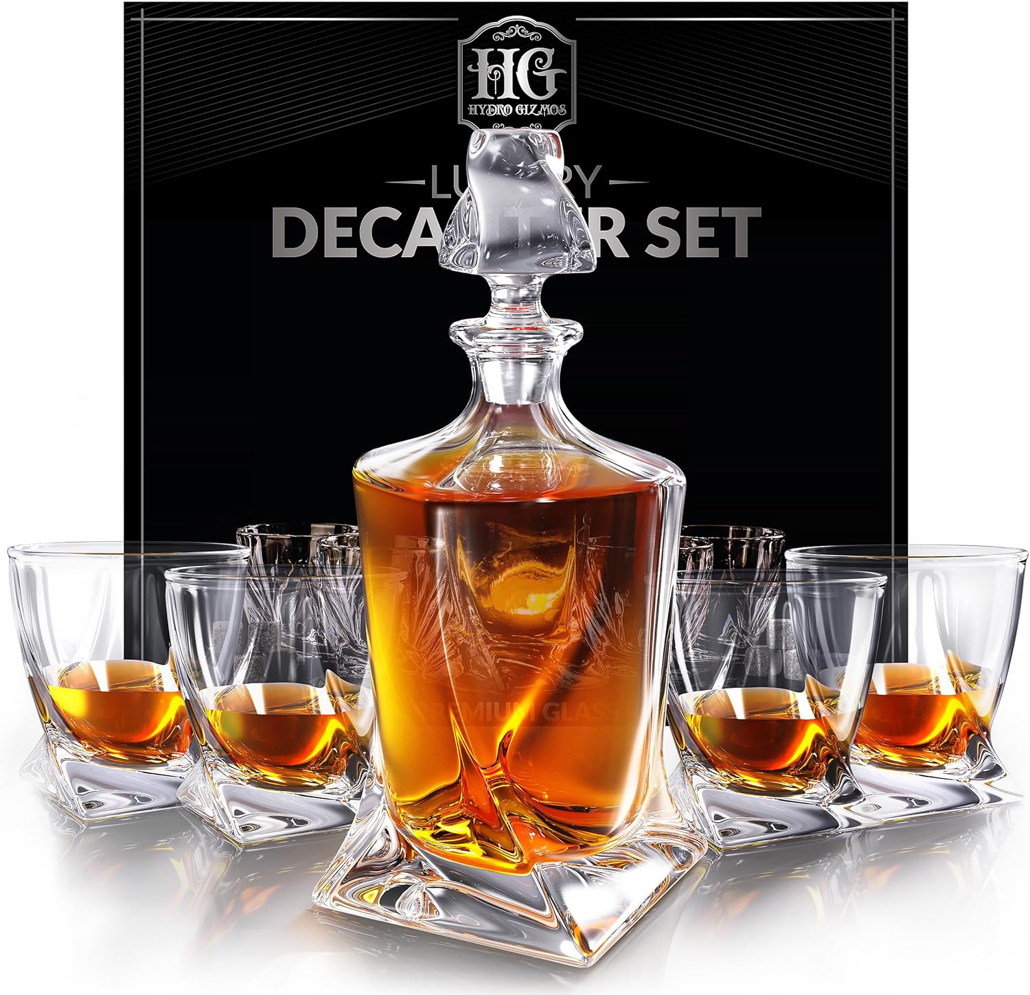 Whiskey Decanter Set for Men with 4 Drinking Glasses for Cognac, Bourbon, Rum, Scotch, Liquor