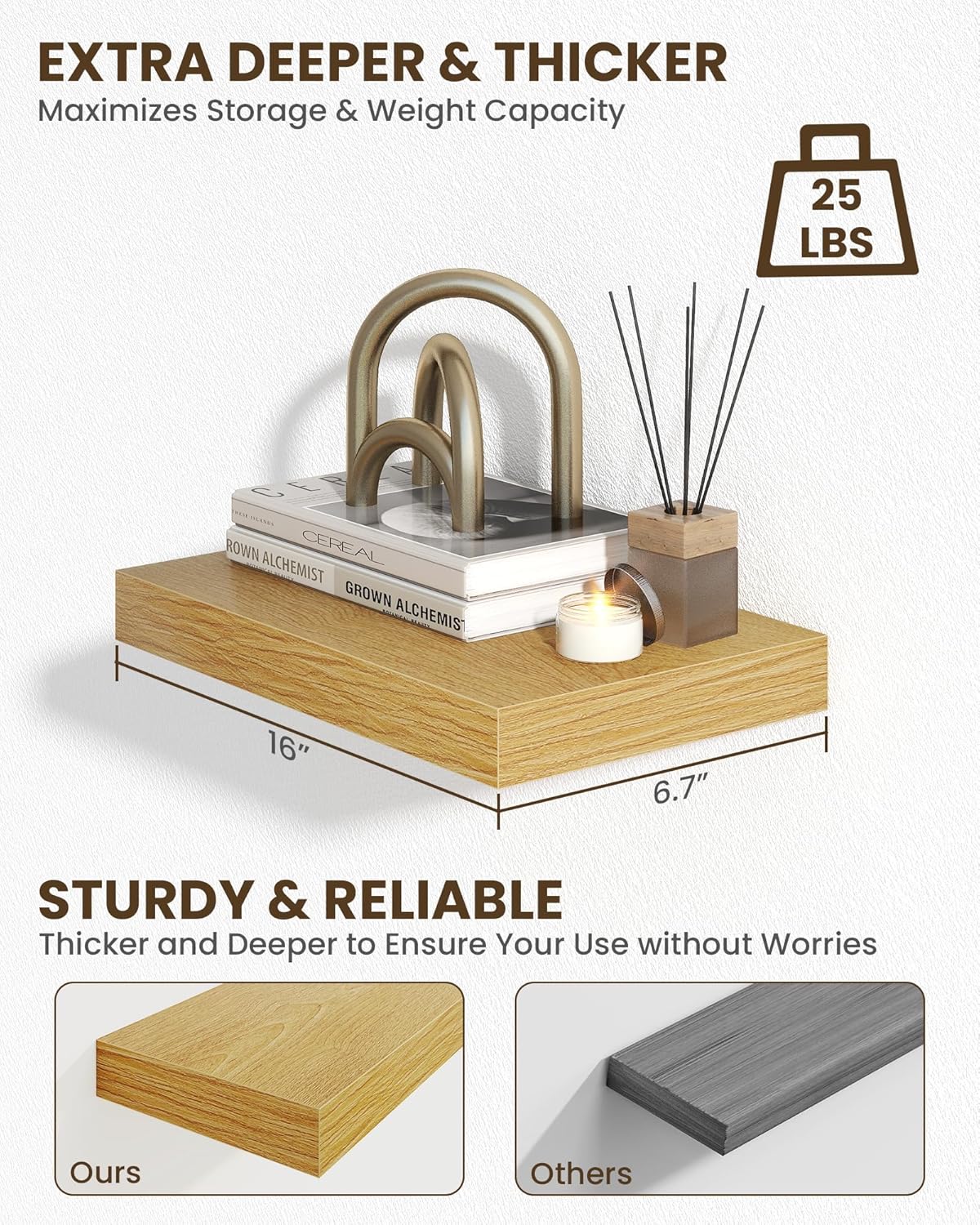 Marsmiles 16" Floating Shelves for Wall, Wooden Shelves with Invisible Brackets Set of 2, Rustic