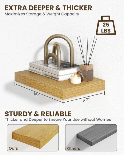 Marsmiles 16" Floating Shelves for Wall, Wooden Shelves with Invisible Brackets Set of 2, Rustic