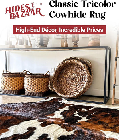 Tricolor Cowhide Rug Classic Brown, Black and White Color Mix, Natural Leather Hide, Area Rug