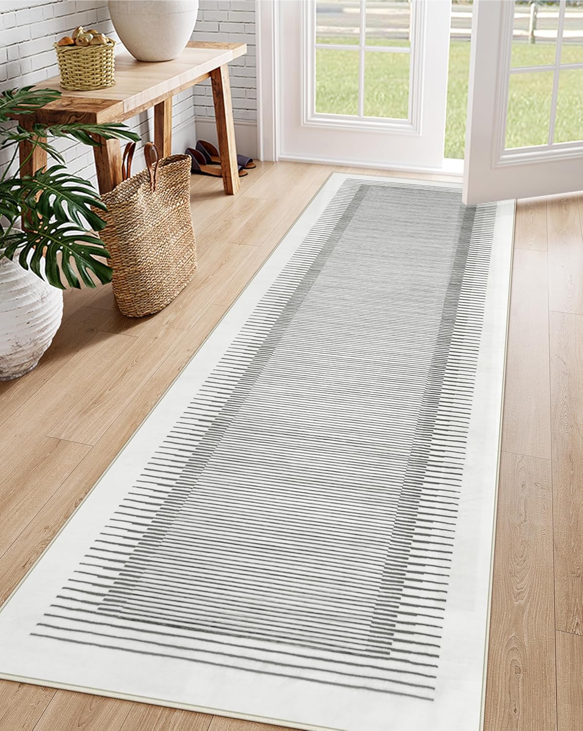 Wonnitar Washable Striped Runner Rug 2'6"x8', Non-Slip Berber Stripe Hallway Runner, Low Pile