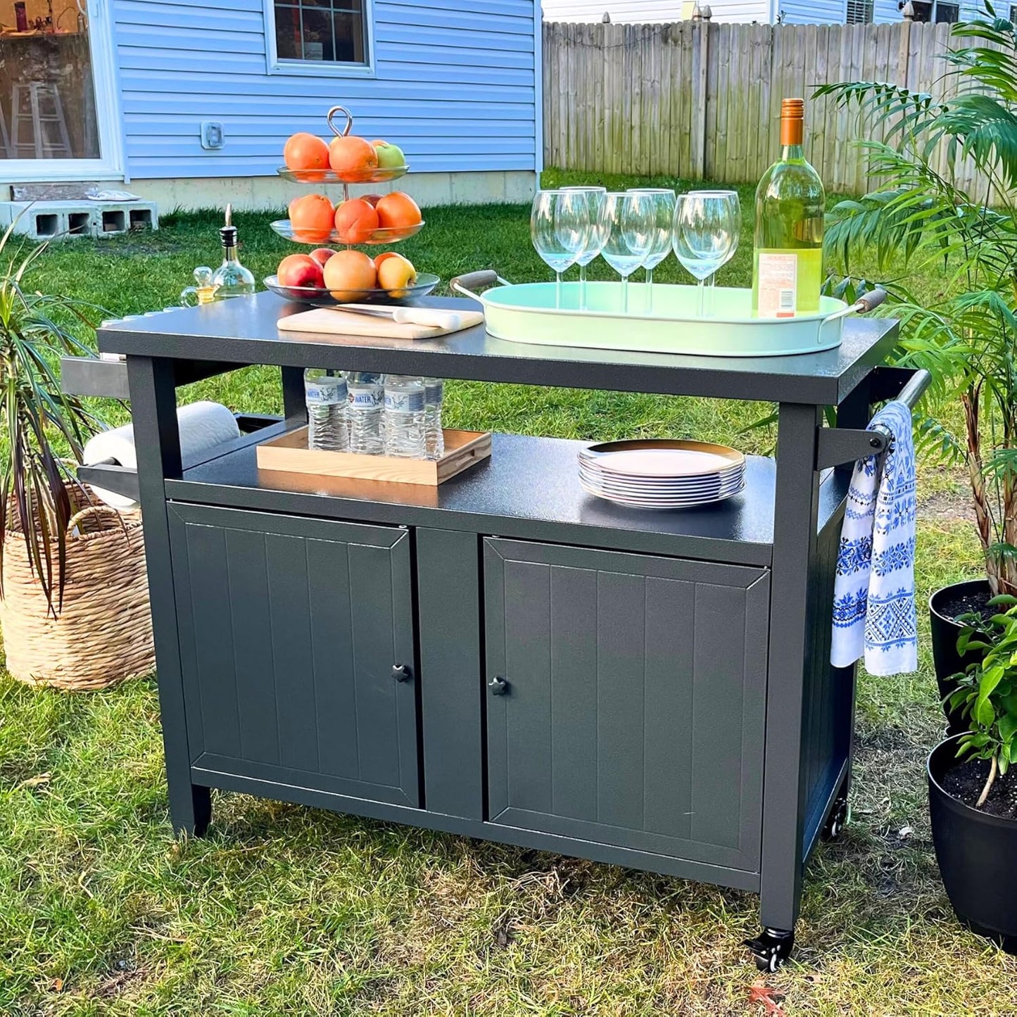 Domi Grill Carts Outdoor Storage Cabinet with Wheels, Metal Outdoor Grill Cart Kitchen Dining Table