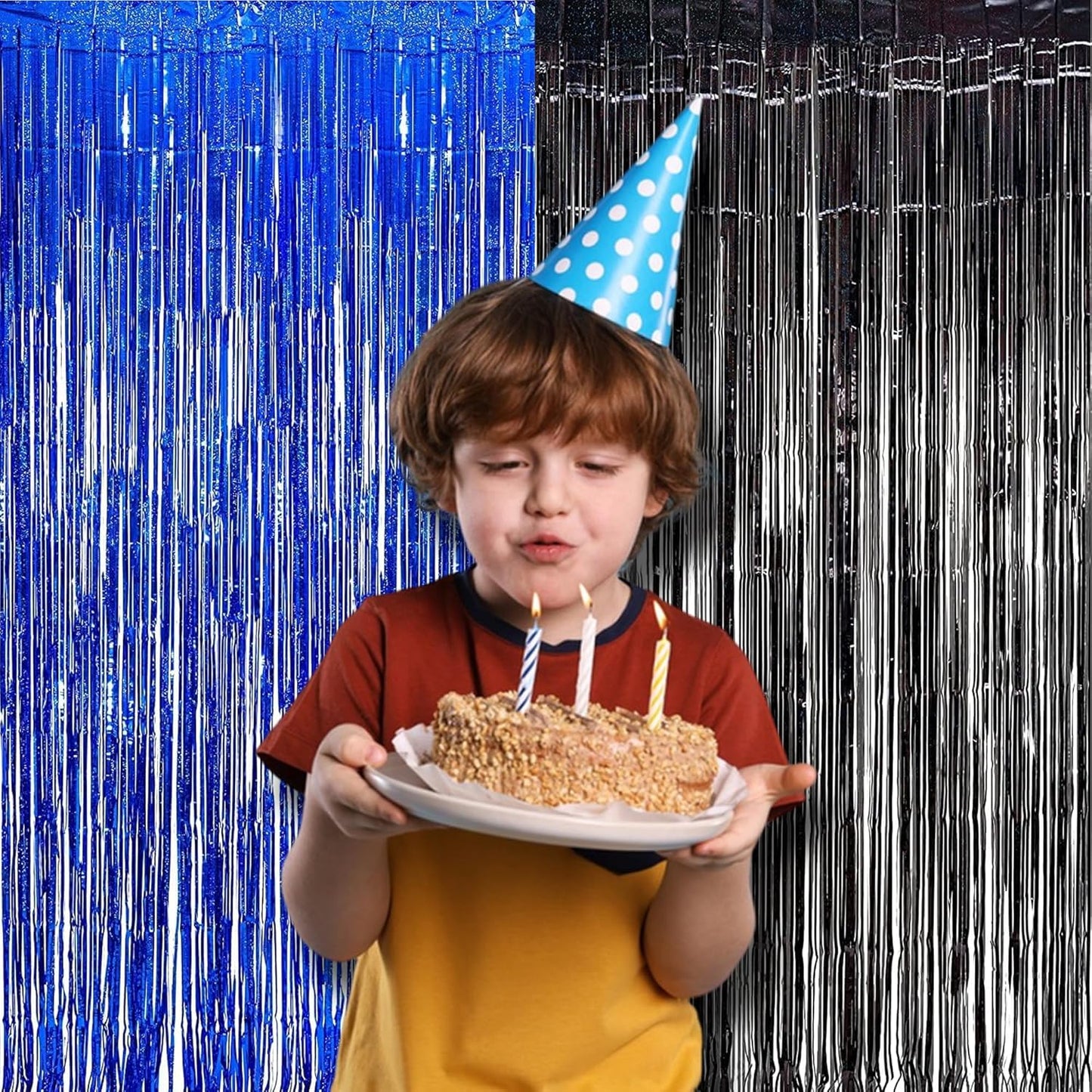 Foil Fringe Curtain Party Decorations - Black Blue Metallic Tinsel Photo Booth Backdrop Party