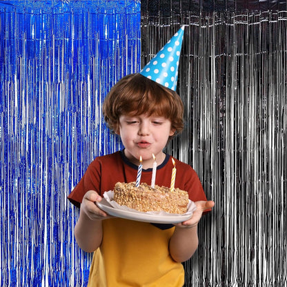Foil Fringe Curtain Party Decorations - Black Blue Metallic Tinsel Photo Booth Backdrop Party