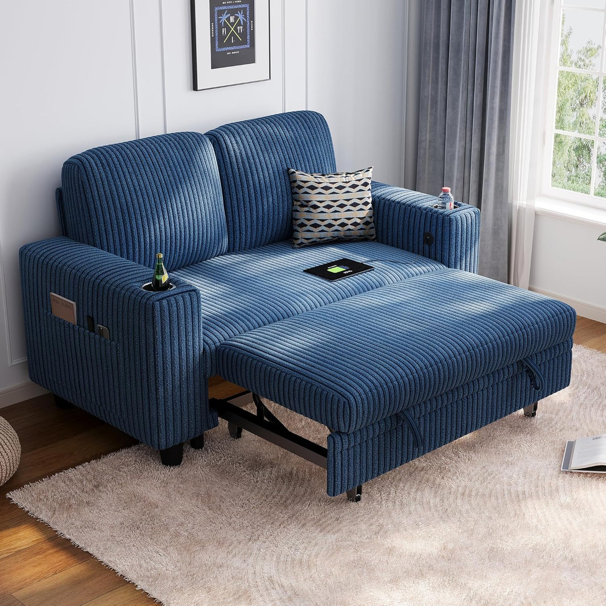LINSY HOME Loveseat Sofa with Pull Out Couch Chaise: 2-in-1 Convertible 2 Seater Sofa with USB