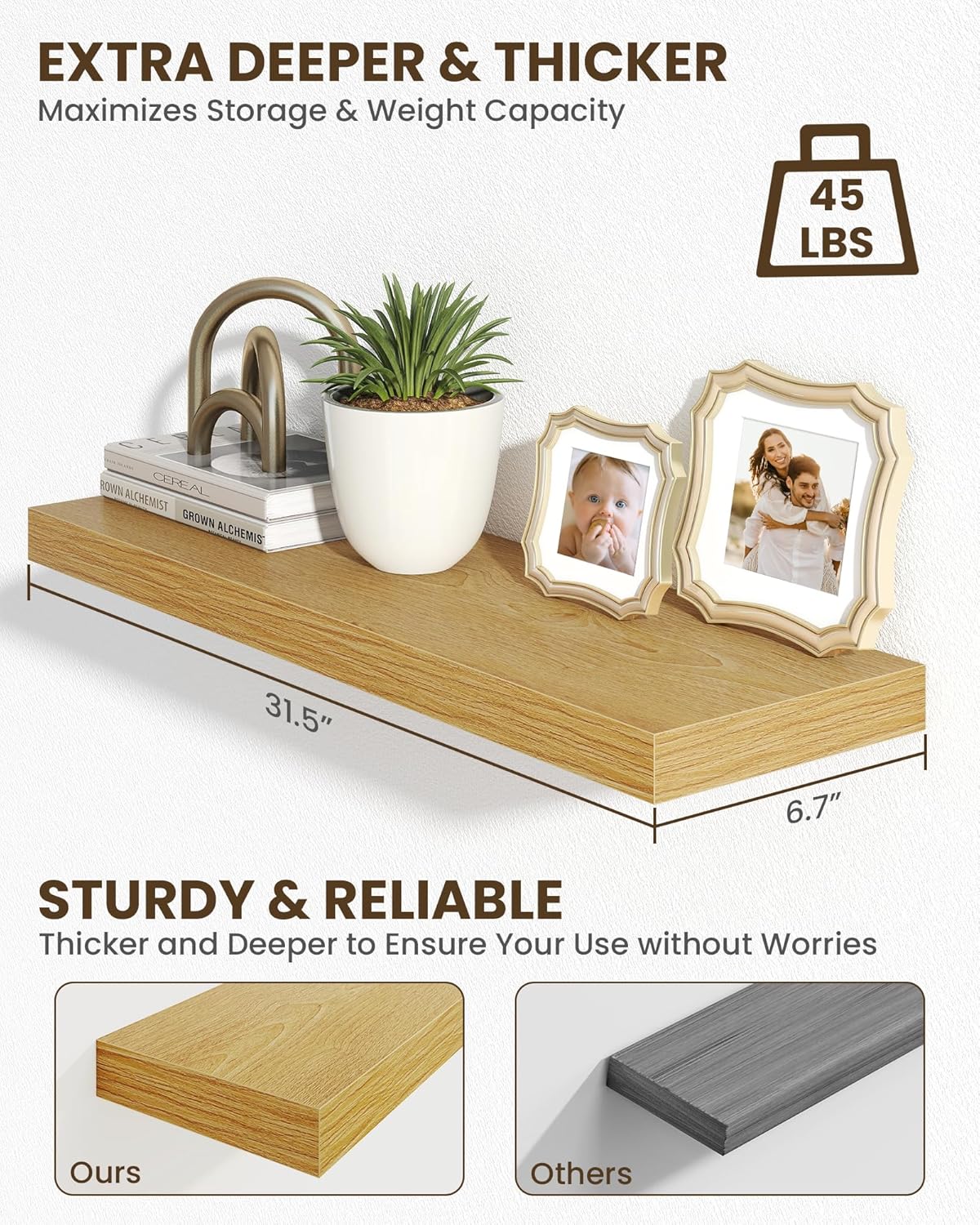 Marsmiles 31.5" Floating Shelves for Wall, Wooden Shelves with Invisible Brackets Set of 2, Rustic