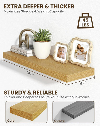 Marsmiles 31.5" Floating Shelves for Wall, Wooden Shelves with Invisible Brackets Set of 2, Rustic