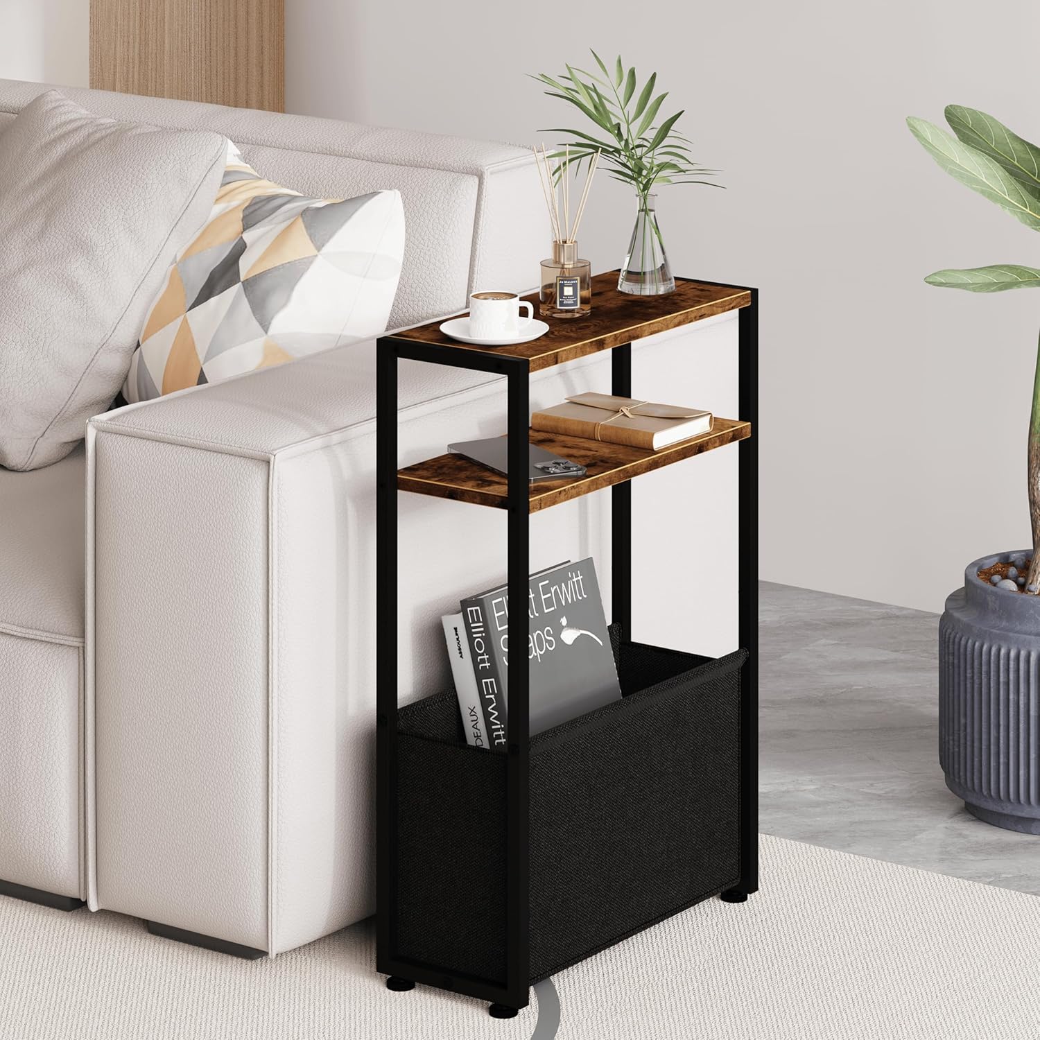 Narrow Side Table, Slim End Tables with Fabric Basket, Skinny Table for Small Spaces, Thin Bedside