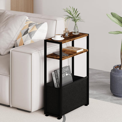 Narrow Side Table, Slim End Tables with Fabric Basket, Skinny Table for Small Spaces, Thin Bedside