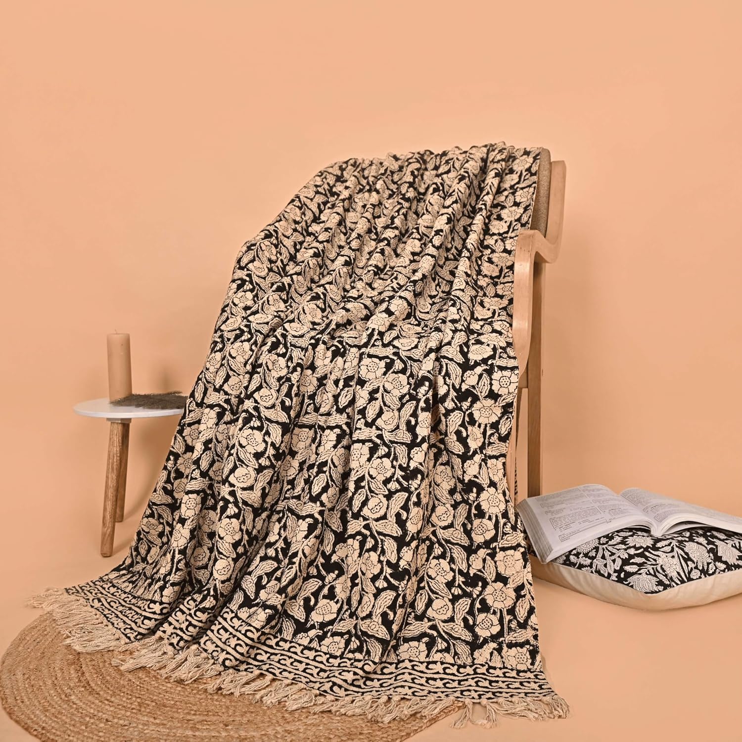 Handmade Cotton Throw Blanket 55x80 Inches | Black & Beige Floral Block Print Decorative Sofa Throw