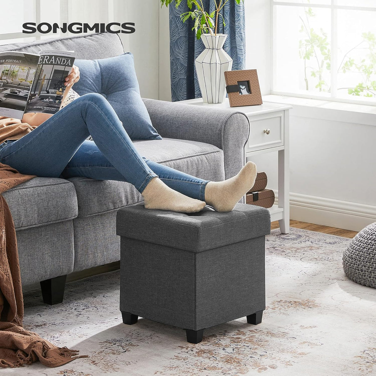 SONGMICS 15 Inches Cube Storage Ottoman, Bedroom Bench with Storage, Foot Stool with Feet, Holds Up