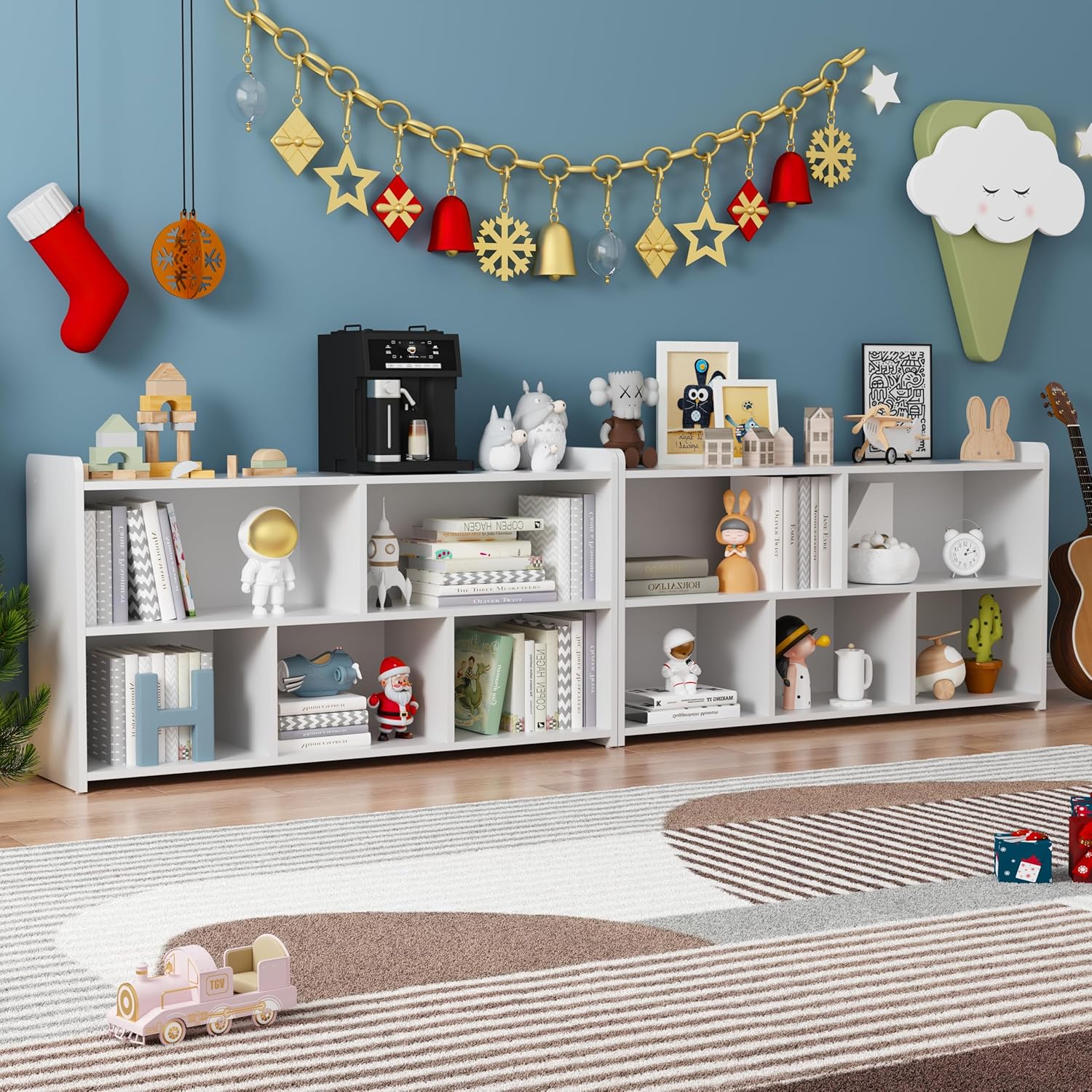 Book Shelf Set of 2, 5 Cubes Storage Organizer, Open Shelf Wooden Bookcase, Freestanding White