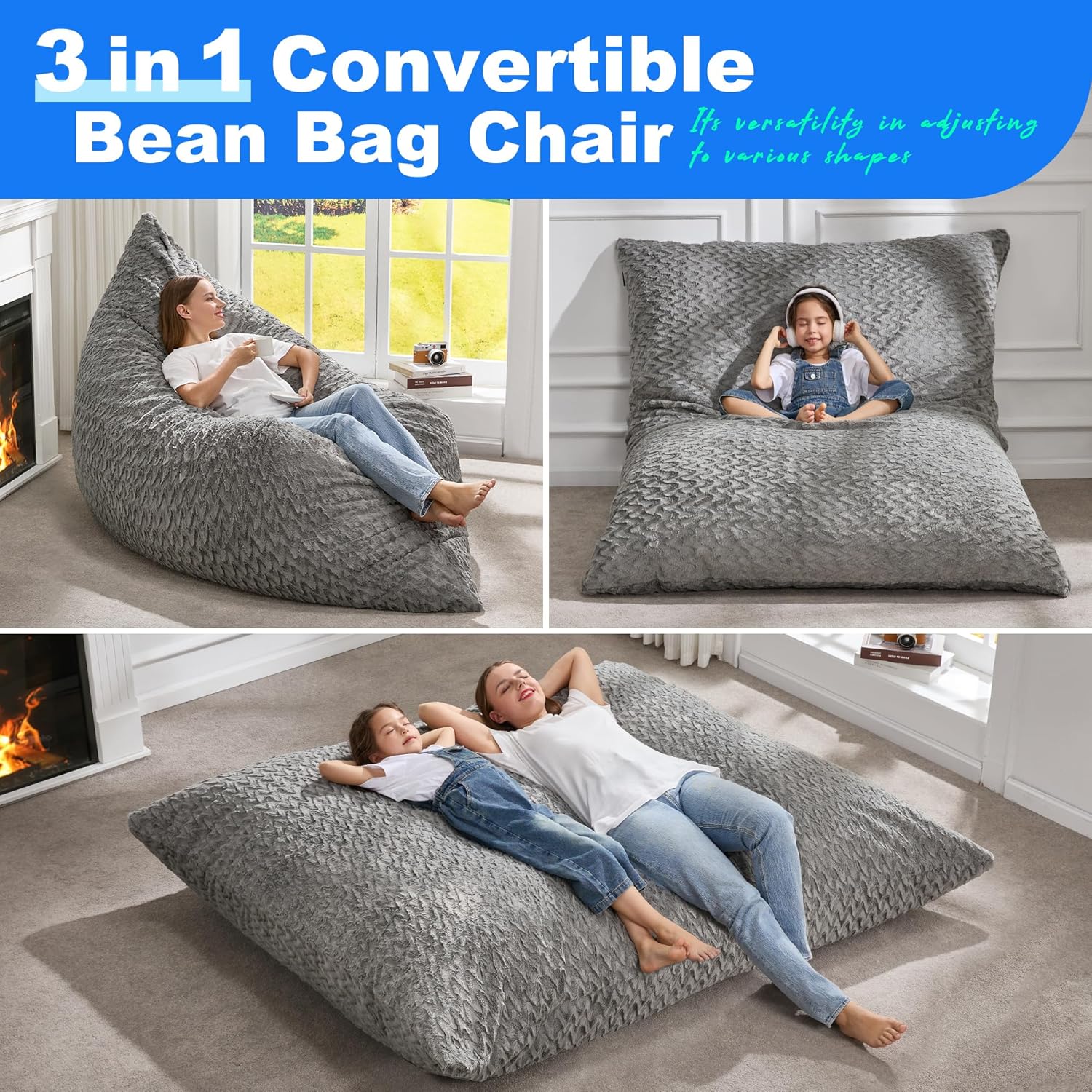 Hobestluk 3 in 1 Bean Bag Chair Giant Bean Bag Chairs for Adults with Chevron Plush Fur Cover