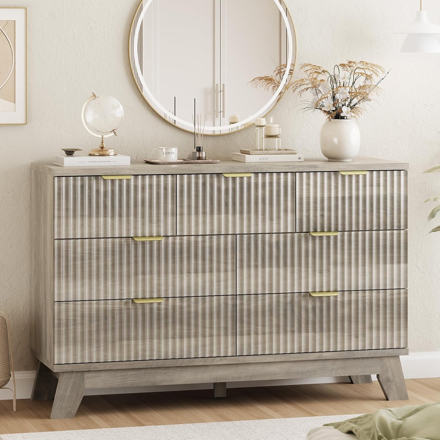 Fluted Dresser for Bedroom with 7 Drawers, 48" Wide Modern Chest of Drawers with Metal Handle, Wood