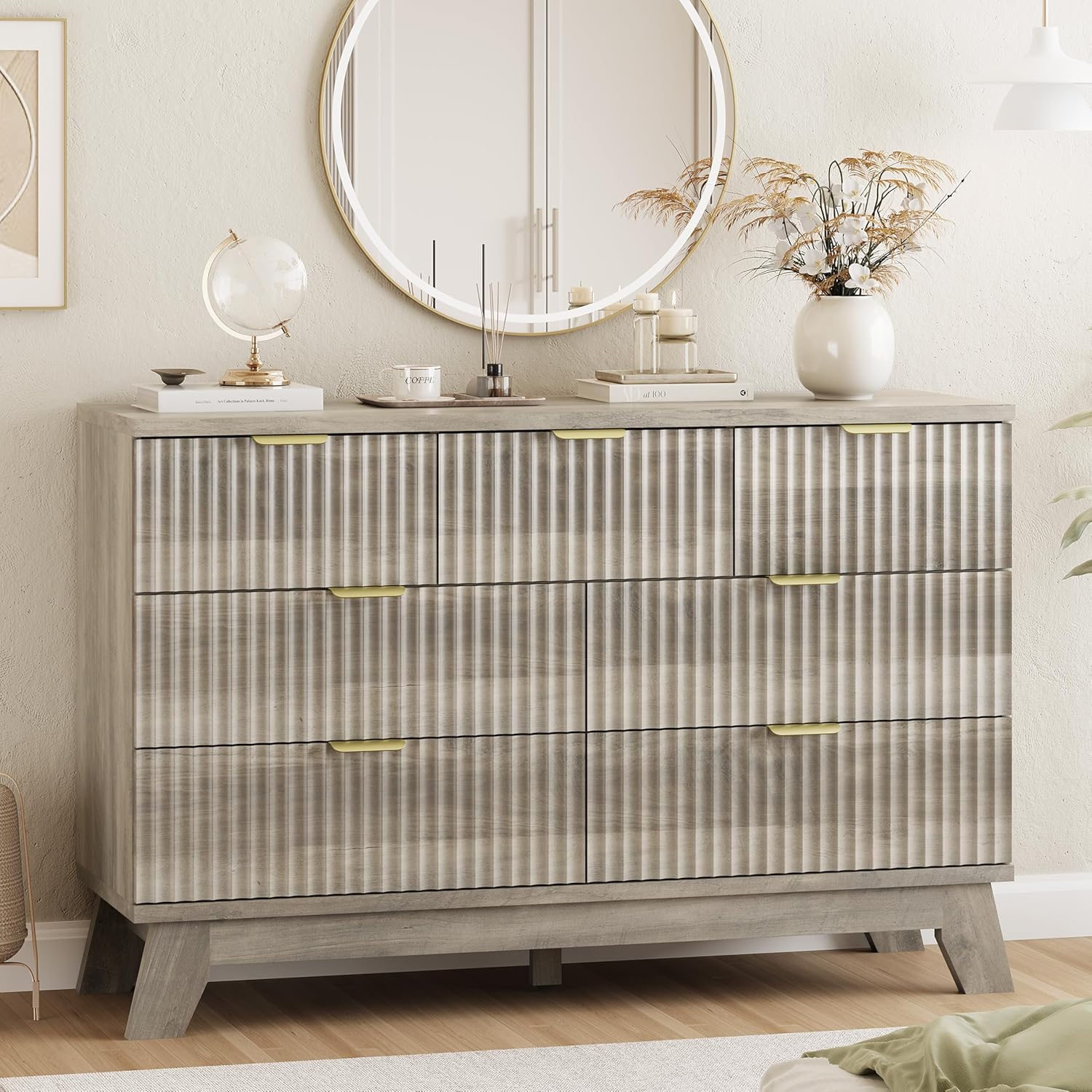 Fluted Dresser for Bedroom with 7 Drawers, 48" Wide Modern Chest of Drawers with Metal Handle, Wood