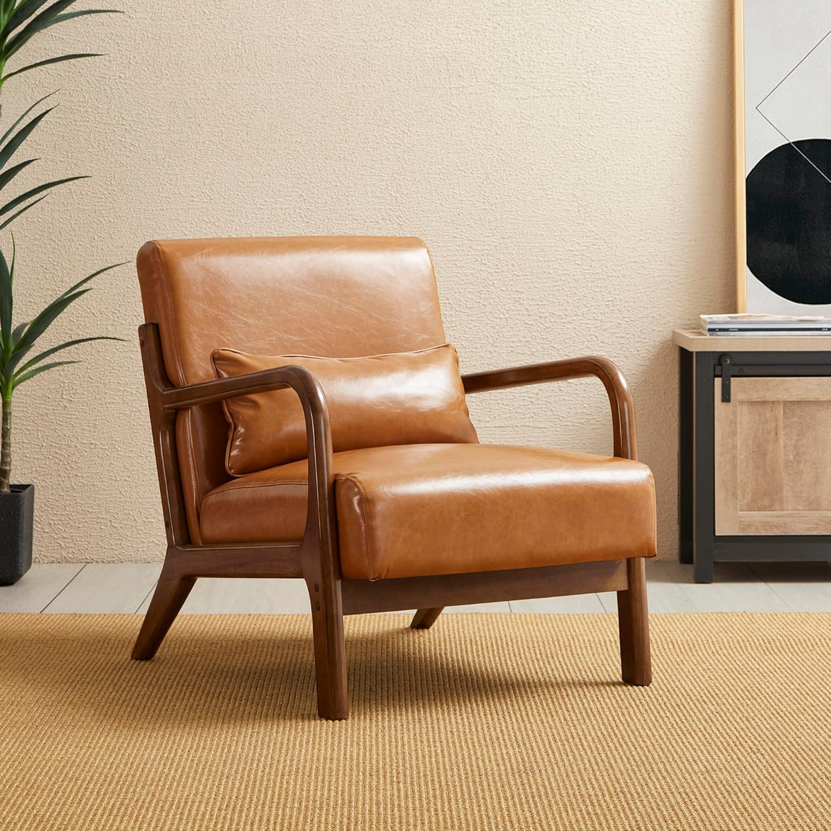Glitzhome 30" H Mid Century Yellowish Brown Accent Armchair, Single Reading Sofa, PU Leather Lounge