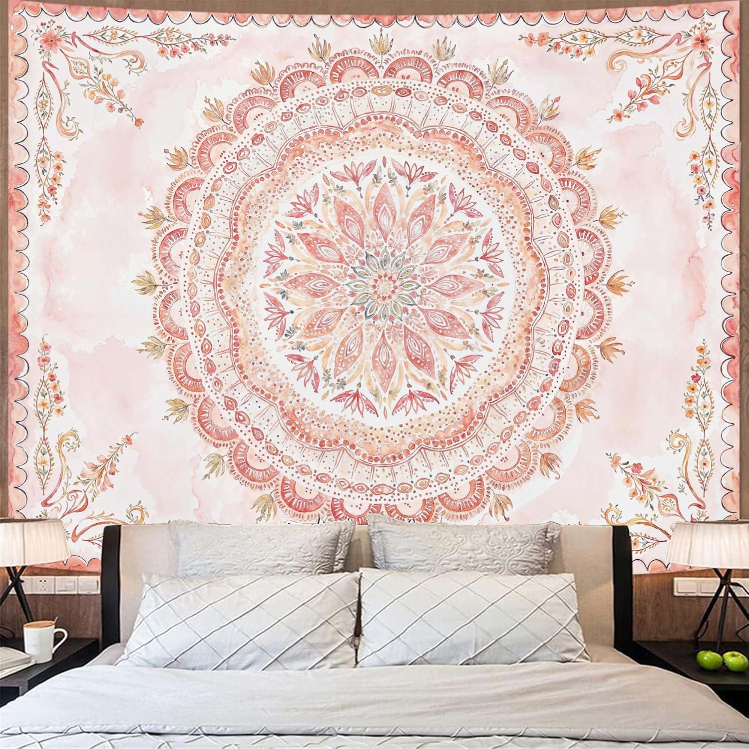 Fowocu Boho Floral Mandala Tapestry Wall Hanging Pink Bohemian Flower Medallion Tapestry Aesthetic