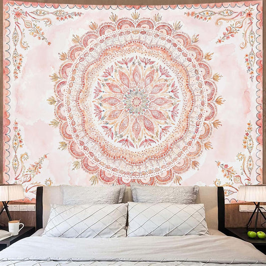 Fowocu Boho Floral Mandala Tapestry Wall Hanging Pink Bohemian Flower Medallion Tapestry Aesthetic