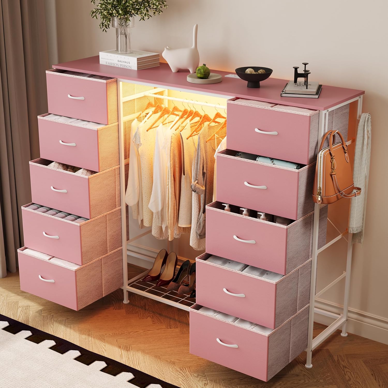 LUMTOK 2-in-1 Dresser with Hanging Rack, 10 Drawers Dresser for Bedroom,Dressers with Fabric