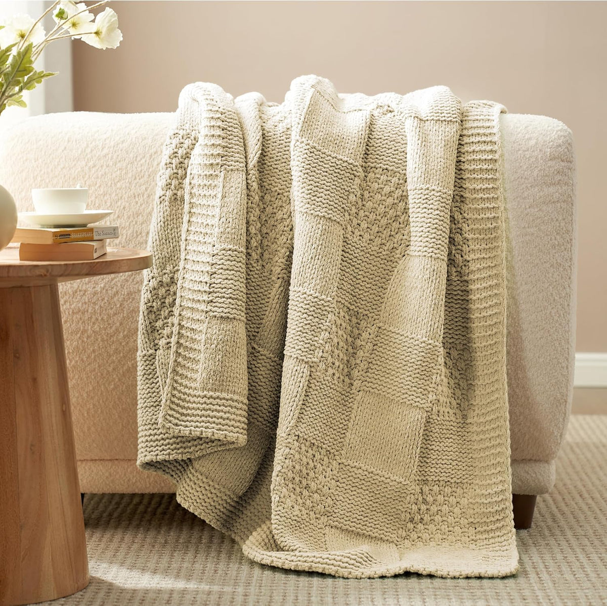 Amélie Home Chenille Knit Throw Blanket for Couch, Checkered Texture Decorative Soft Blanket for