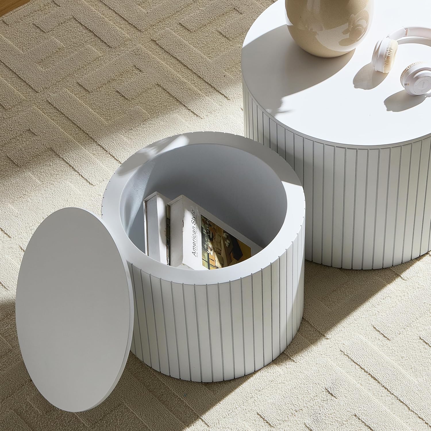 Round Coffee Table with Storage,19.17" Nesting Coffee Table Set of 2,Mid Century Modern End Table