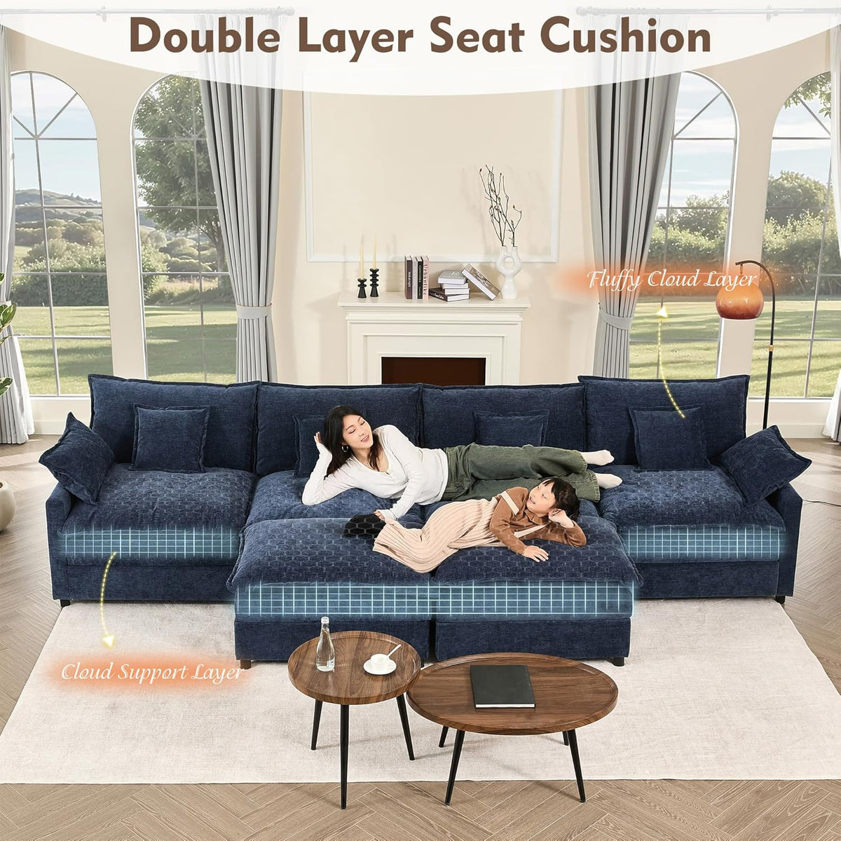 142.5" U Shaped Couch, Modular Sectional Sofa, 3-Seater Comfy Cloud Couch with Movable Ottoman