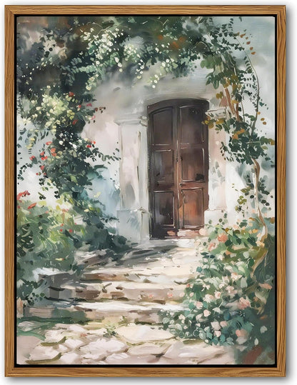 Floating Framed Canvas Vintage Wall Art, Rustic Cottage Spring Garden Oil Paintings Print, Country