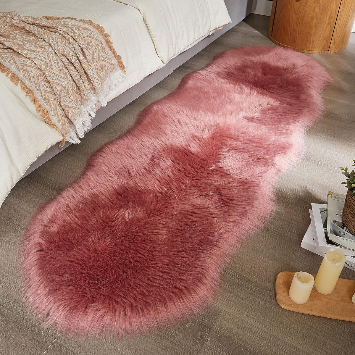 AMTOVO Faux Sheepskin Rug, Blush Pink Ultra Soft Fluffy Shag Area Rug, 2 x 6 ft Faux Fur Rug for