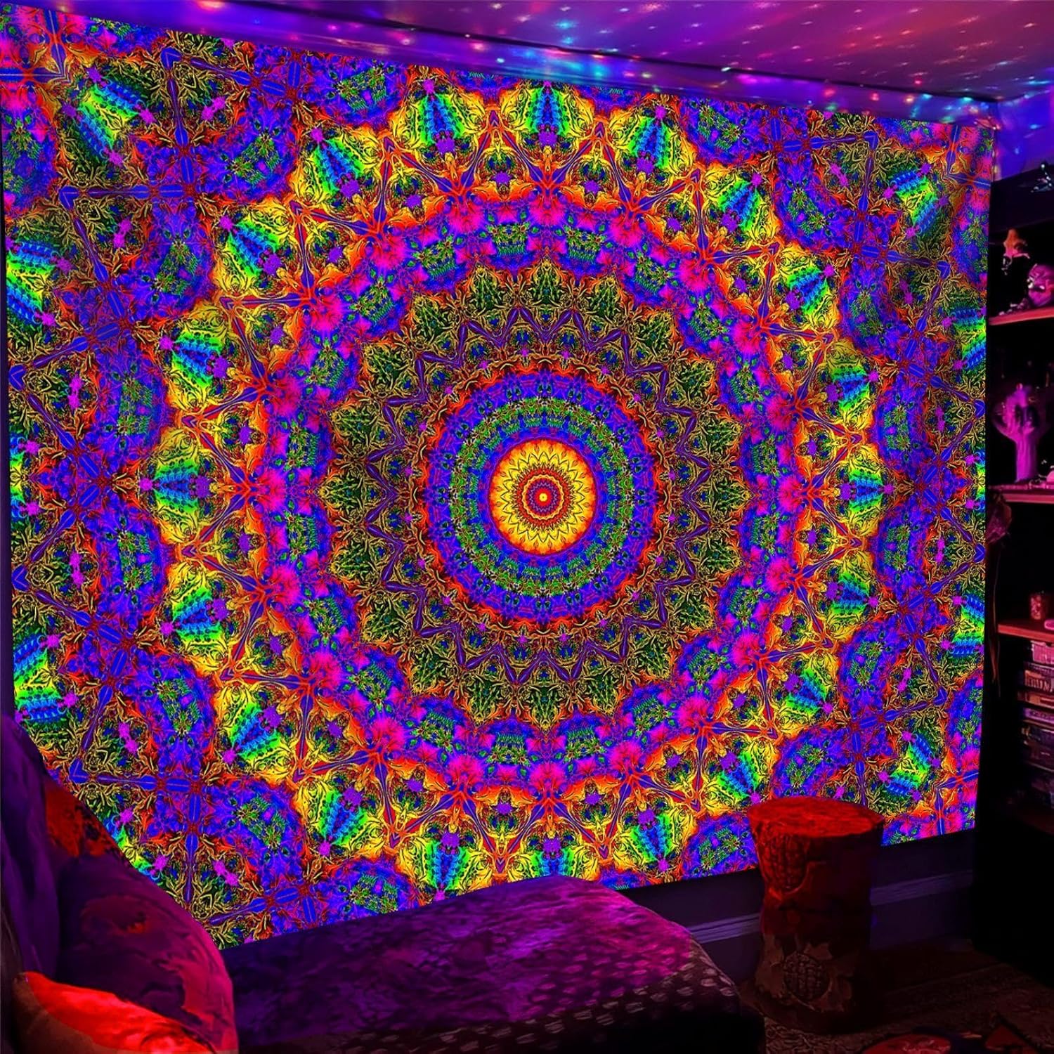 PSYHILAR Blacklight Mandala Boho Tapestry, Black Light Bohemian Hippie Poster for Adults and Teens
