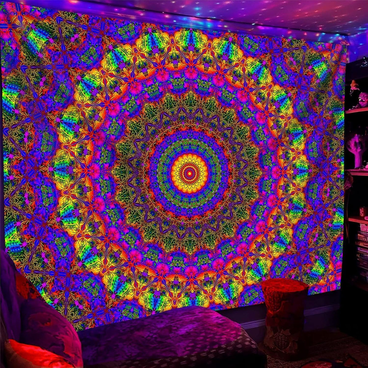 PSYHILAR Blacklight Mandala Boho Tapestry, Black Light Bohemian Hippie Poster for Adults and Teens