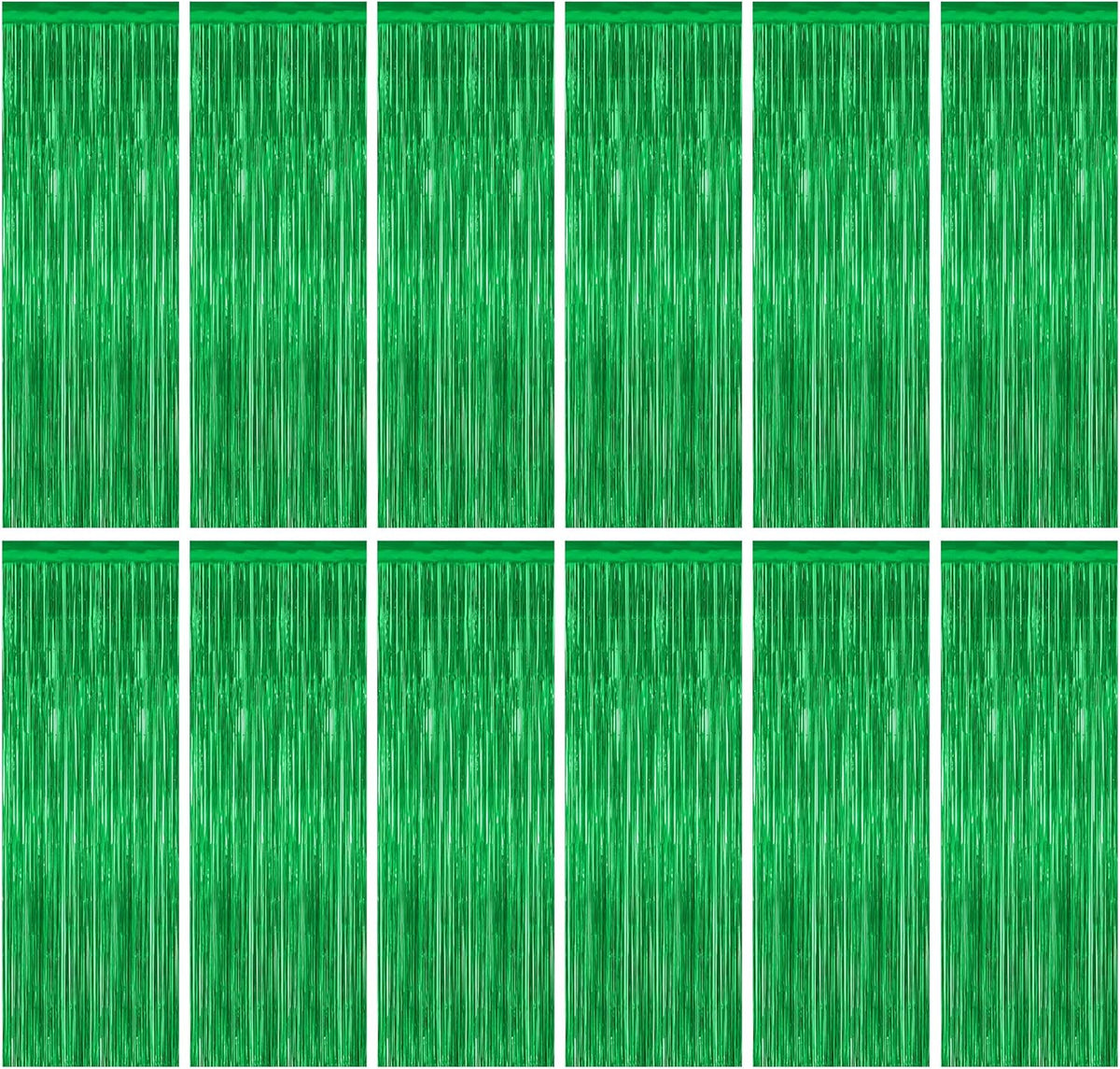 12 Pack Party Decorations, 3.28 FT x 7.05 FT Green Streamer, Metallic Birthday Backdrop Foil Fringe