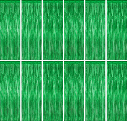 12 Pack Party Decorations, 3.28 FT x 7.05 FT Green Streamer, Metallic Birthday Backdrop Foil Fringe