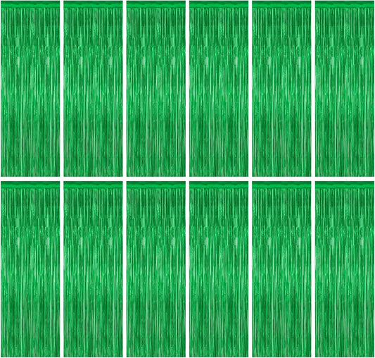 12 Pack Party Decorations, 3.28 FT x 7.05 FT Green Streamer, Metallic Birthday Backdrop Foil Fringe
