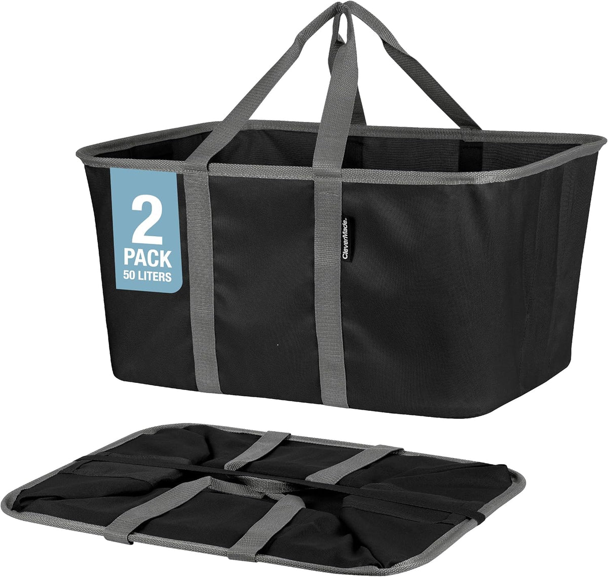 CleverMade Collapsible Laundry Tote - Midnight Black Shadow Gray 2-Pack 50L - Foldable Storage