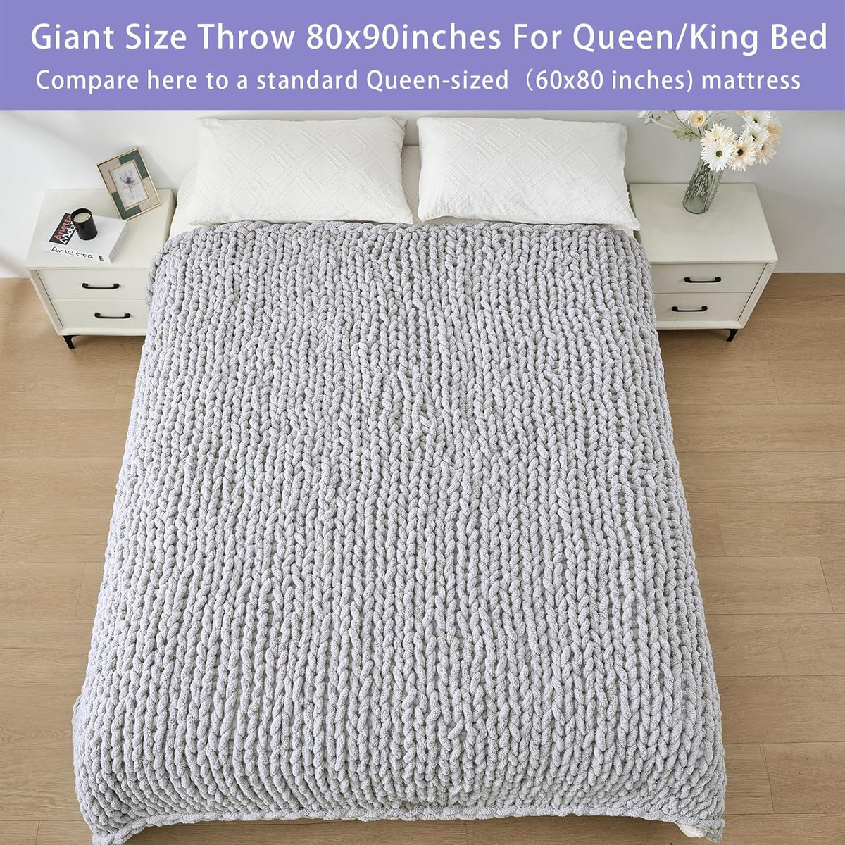Bigacogo Chunky Knit Throw Blanket for Couch, 80x90 inches, 100% Hand Knitted with Thick Jumbo