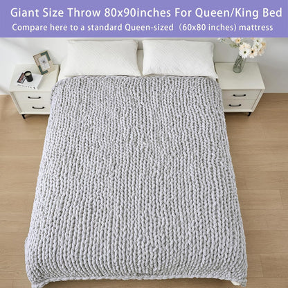 Bigacogo Chunky Knit Throw Blanket for Couch, 80x90 inches, 100% Hand Knitted with Thick Jumbo