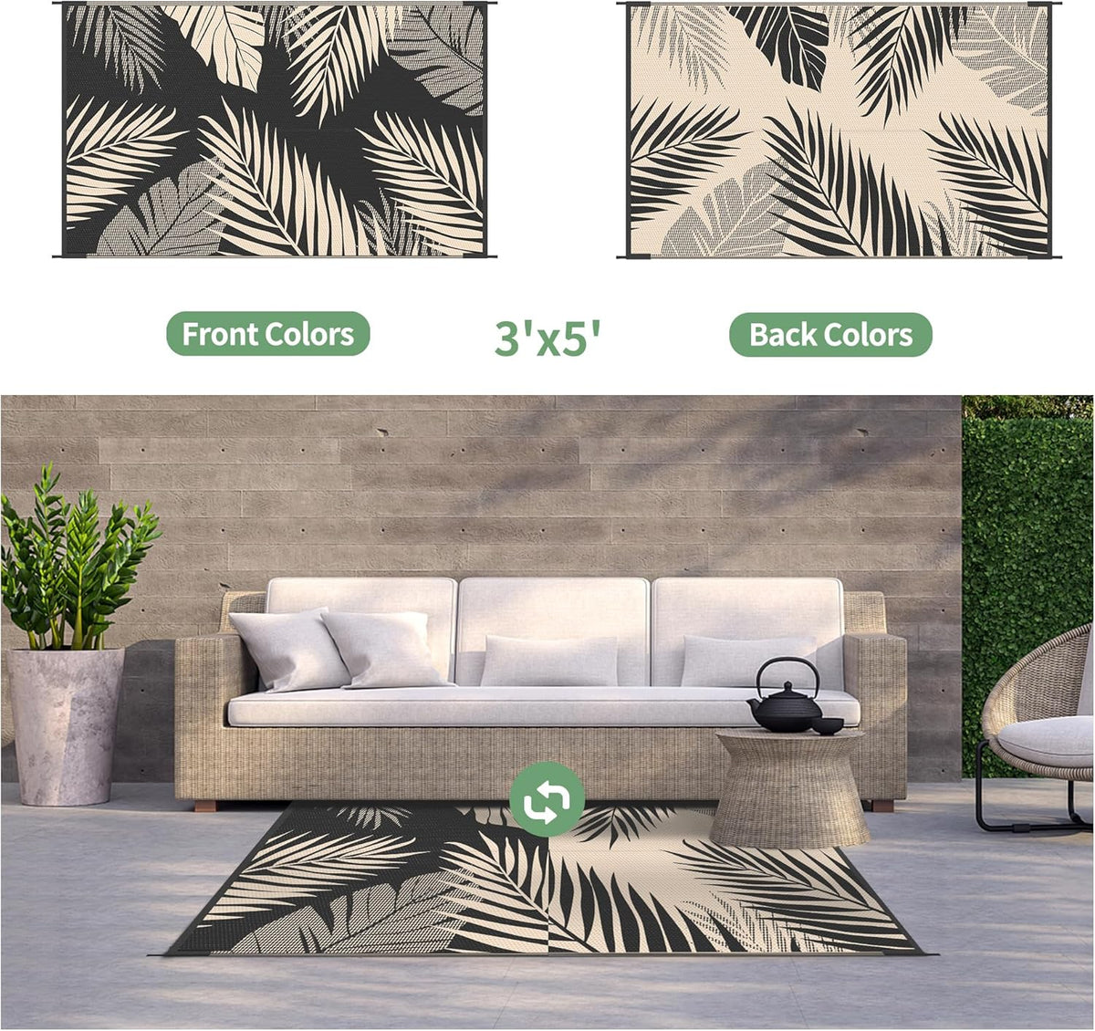GENIMO Outdoor Rug 3' x 5' Waterproof for Patios Clearance, Reversible Outdoor Plastic Straw