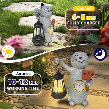 Solar Cat Outdoor Statues for Garden-Creative Thermometer-Lantern-Welcome Sign, Suitable for Yard